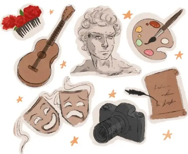 Collage de objetos artísticos: peineta con flores, guitarra, busto clásico, paleta de pintor con pincel, máscaras de teatro, cámara fotográfica y pliego manuscrito con pluma, entre estrellas. Crédito: Paloma Sirani Zataray Mora, Michoacán.
