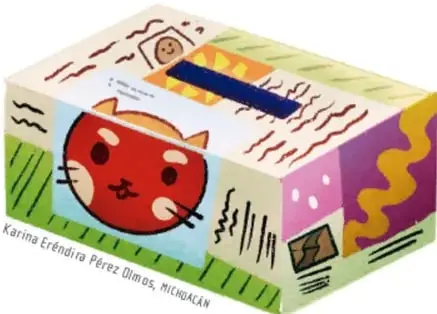 Ilustración de la caja de cartón forrada de colores con un gato rojo dibujado y una ranura azul en la parte superior; crédito: Karina Eréndira Pérez Olmos, Michoacán.