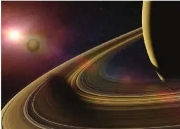 Ilustración de Saturno con sus característicos anillos y otros cuerpos celestes.