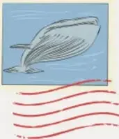 Ilustración de una ballena en el mar dentro de un marco tipo estampilla, con líneas onduladas rojas de matasellos.