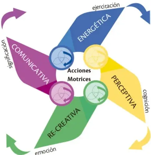 Diagrama circular tipo flor con cuatro pétalos (Energética, Perceptiva, Re-creativa, Comunicativa) alrededor del centro 'Acciones Motrices', con flechas externas rotuladas ejercitación, cognición, emoción y significación.