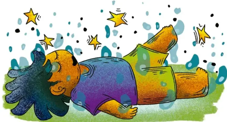 Ilustración de un niño acostado sobre el pasto, rodeado de estrellas y gotas de colores, con expresión de tranquilidad. Autor: Luis Fernando Sotelo Gaspár, Querétaro 2000.