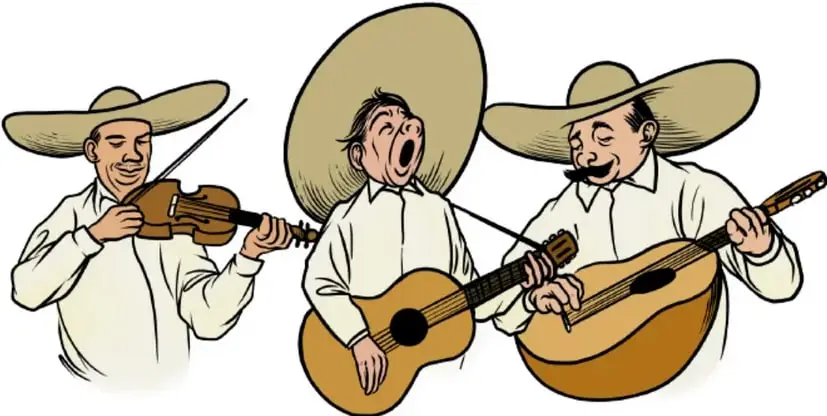 Ilustración de tres músicos mexicanos con sombrero, guitarra, vihuela y violín (estilo mariachi), imagen de José Daniel Romero Gutiérrez, Ciudad de México.