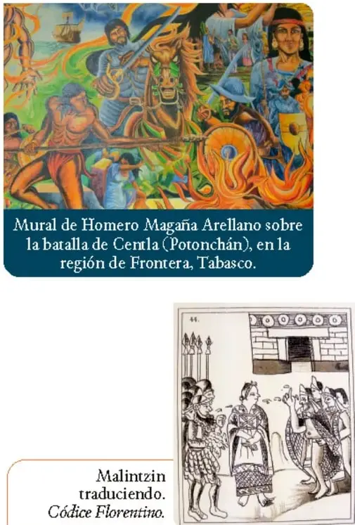 Litografía que muestra el tributo que paga Tabscoob por su derrota. Entre los obsequios está Malintzin.