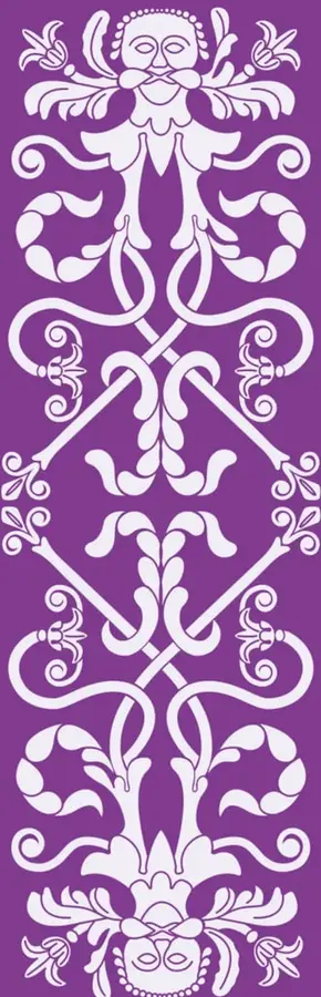 Ilustración decorativa vertical en color morado con motivos florales y figuras simétricas, estilo arte popular mexicano.