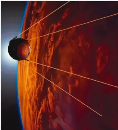 Ilustración de un satélite o nave espacial orbitando la Tierra, con líneas de comunicación o trayectoria.