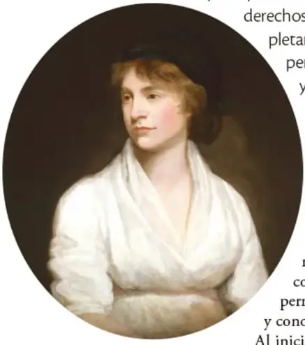 Retrato pintado de Mary Wollstonecraft sentada, con blusa blanca y cabello recogido, mirada serena.