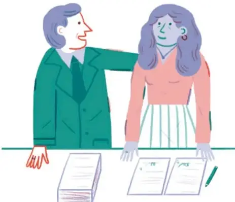 Ilustración de dos personas, un hombre con traje verde y una mujer con blusa rosa, sentados ante una mesa con documentos y un lápiz, simulando una sesión de cabildo.