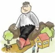 Dibujo de un gigante junto a unas casas pequeñas.