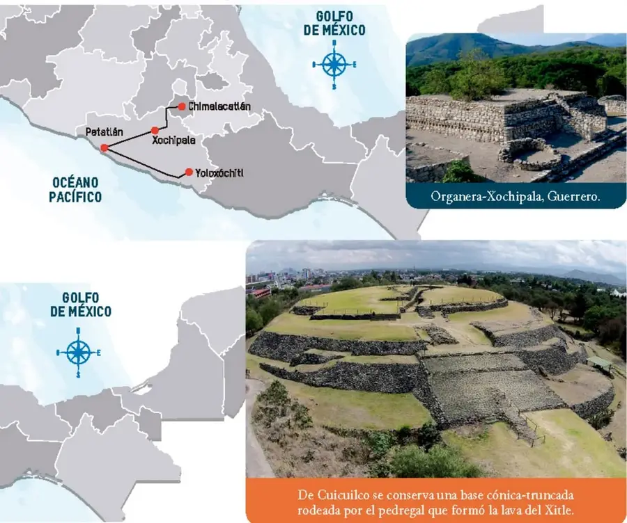 Mapa de México con puntos: Chimalcacatán, Petatlán, Xochipala, Yoloxóchitl.