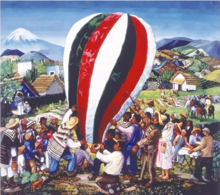 Pintura 'El globo' (1930): un globo aerostático tricolor (verde, blanco y rojo) se eleva sobre un paisaje rural con volcán nevado al fondo; una multitud de campesinos con vestimenta tradicional observa la escena.