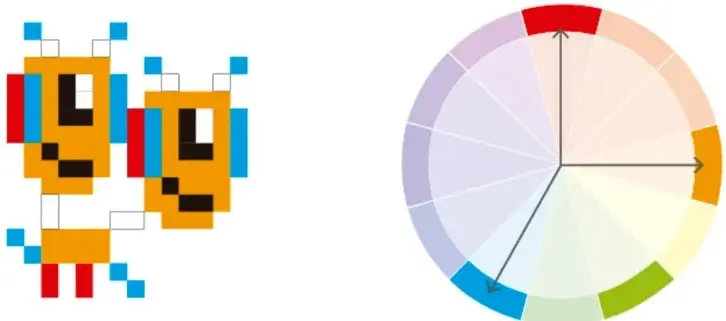 Dos personajes pixelados en amarillo con acentos rojos y azules, ejemplo de paleta triádica.