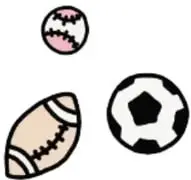 Ilustración infantil de tres pelotas (de beisbol, de fútbol americano y de fútbol) firmada por Luis Ricardo Ramírez Hernández, bután.