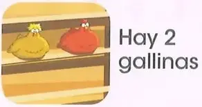 Ilustraciones de un gallinero con 2 gallinitas y la llegada de 2 gallinas más.