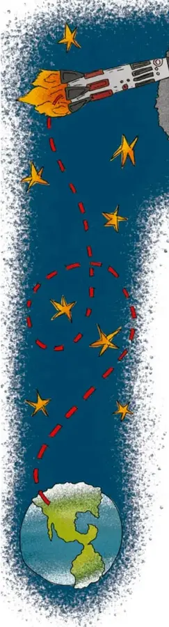 Trayectoria punteada en rojo que rodea la Luna y regresa a la Tierra, representando el viaje espacial.