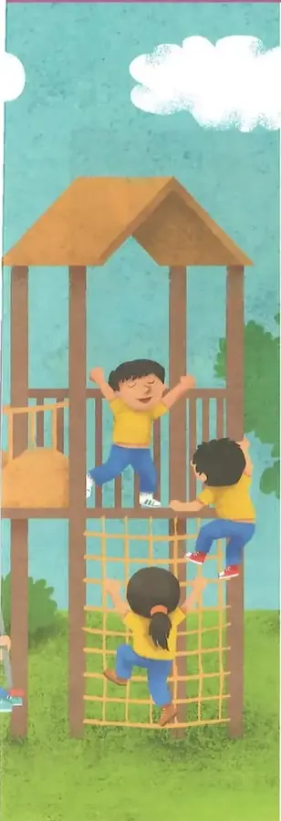Ilustración de niños y niñas jugando en una estructura de juegos al aire libre.