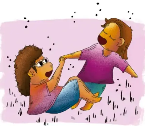 Ilustración de dos personas interactuando, una parece estar ayudando a la otra.