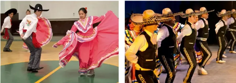 Dos fotografías de grupos de danza folclórica mexicana: a la izquierda una pareja con falda rosa amplia y sombrero, a la derecha un grupo de hombres con sombreros mexicanos y trajes de faena en escenario.