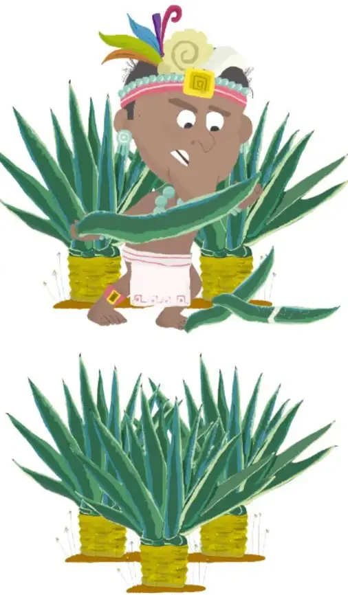 Ilustración del dios maya entre plantas de henequén, con expresión enojada.