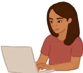 Ilustración de una estudiante usando una computadora portátil. Crédito: Filomena Tun Cocon, Quintana Roo.