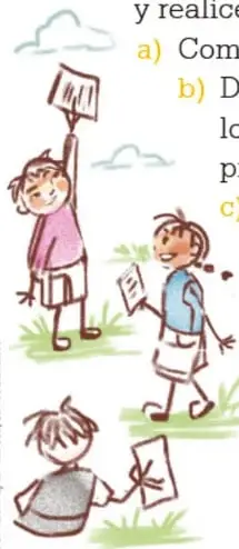 Ilustración de niños y niñas organizados en pequeñas comunidades, sosteniendo listas y dialogando.