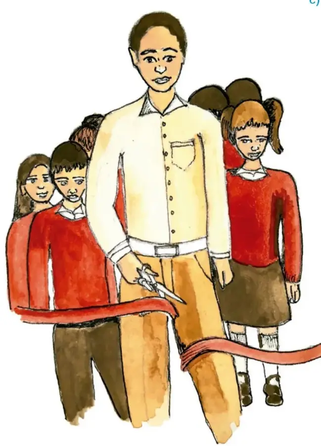 Ilustración de un niño y una niña cortando un listón rojo durante la inauguración de la sala, acompañados por otros compañeros.