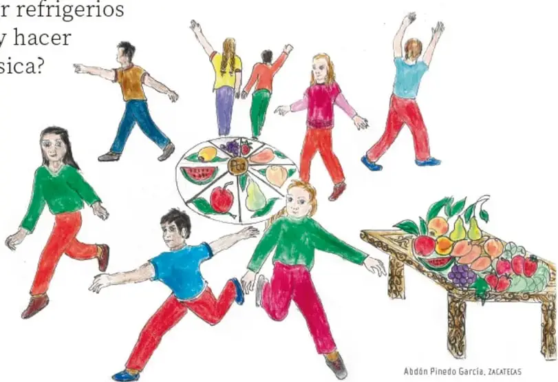 Ilustración de niños y niñas corriendo y jugando alrededor de un Plato del Bien Comer y una mesa con frutas; firma 'Abdón Pinedo García, ZACATECAS'.
