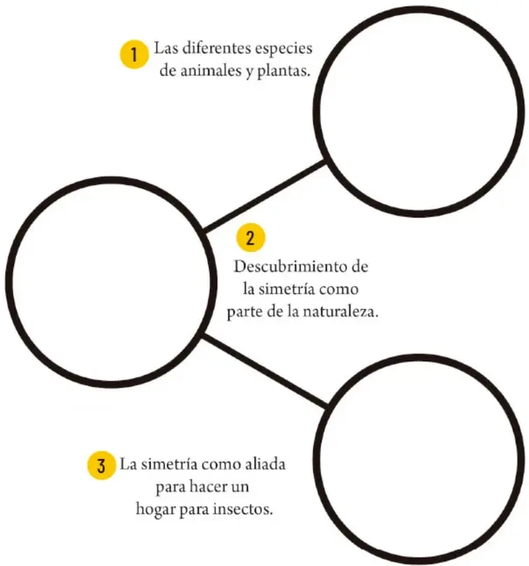 Esquema de tres círculos unidos por líneas, numerados 1, 2 y 3, para organizar la historieta.