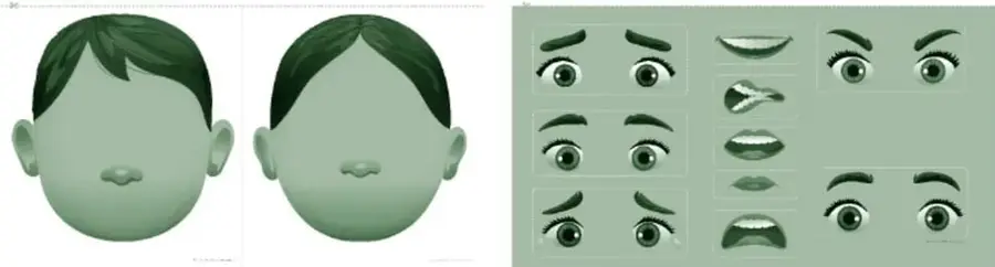 Dos rostros base (niño y niña con cabello oscuro) y panel de piezas recortables: tres pares de ojos con cejas de expresiones distintas y varias bocas (sonrisa, tristeza, enojo, sorpresa), bajo el título estilizado 'Yo me siento…'.