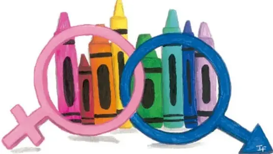 Ilustración de crayones de colores enmarcados por el símbolo de Venus (rosa) y el símbolo de Marte (azul) con una lupa, que representa la mirada crítica sobre los estereotipos de género.