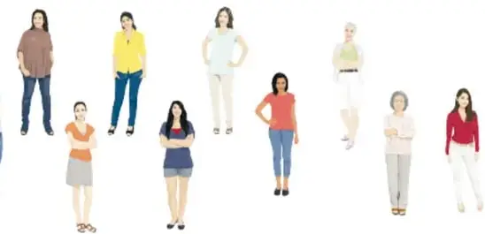 Grupo ilustrado de mujeres de distintas edades y estilos, de pie en fila.