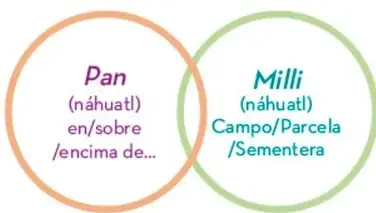 Esquema de dos círculos solapados: naranja «Pan (náhuatl) en/sobre/encima de...» y verde «Milli (náhuatl) Campo/Parcela/Sementera».