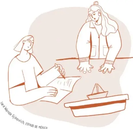 Ilustración de dos estudiantes trabajando con una mesa: una de ellas escribe en un cuaderno mientras la otra observa; sobre la mesa hay un pequeño barco de papel, en referencia a los ejercicios de flotabilidad. Crédito: Sara A. Hinojosa, Estado de México.