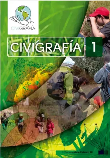 Portada del libro CIVIGRAFÍA 1 con imágenes de estudiantes en actividades de campo.
