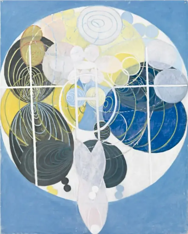 Obra 'Las pinturas de las grandes figuras, núm. 5, 1920' de Hilma af Klint: composición circular con círculos, espirales y una figura central blanca sobre fondo azul.