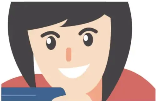 Ilustración de una niña con cabello negro y playera roja, sonriendo, junto a un libro azul.