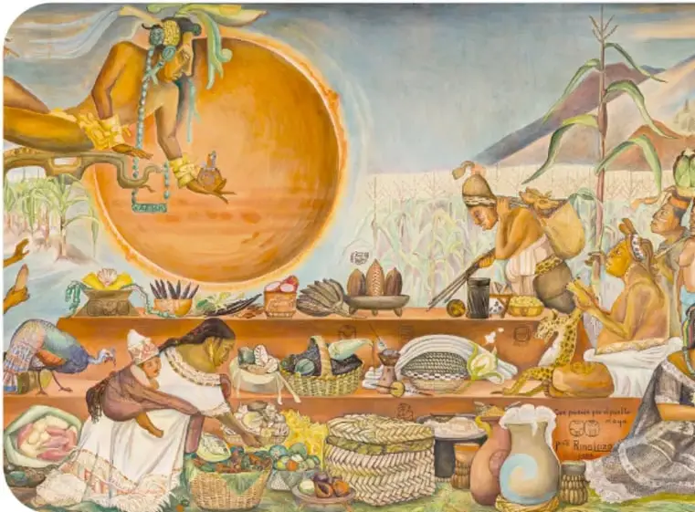 Mural «Venerable abuelo del maíz» (1996) de Rina Lazo: un gran sol anaranjado, un personaje volador o descendiente del cielo, escena de mercado con cestos, vasijas, mazorcas, personas indígenas y plantas de maíz.