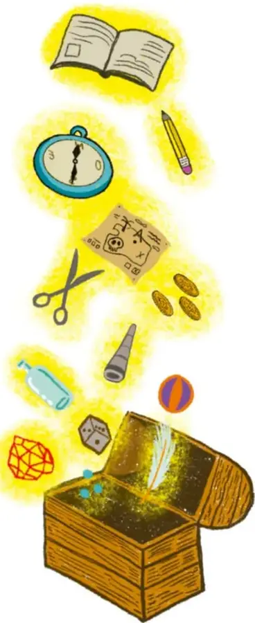 Ilustración de una caja del tesoro abierta y dorada de la que salen flotando varios objetos: un libro abierto, un reloj, un lápiz, unas tijeras, una regla, dados, una pelota, una piedra preciosa y una caja pequeña, todo con resplandor amarillo. Crédito: Cuauhtémoc Wetzka, Veracruz.