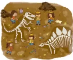 Ilustración de niños paleontólogos excavando un esqueleto de dinosaurio.