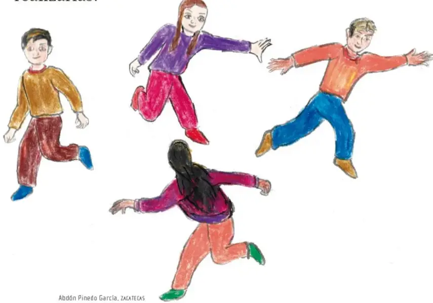 Ilustración de cuatro niños corriendo y jugando alegremente en el patio, con la etiqueta «Actividades para el recreo». Crédito: Abdón Pinedo García, Zacatecas.