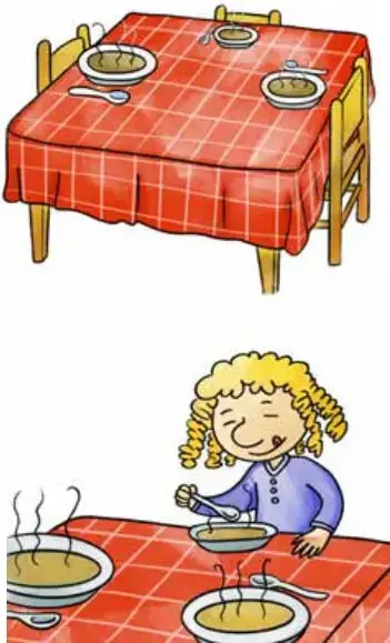 Ilustración de una mesa con mantel rojo y tres platos de sopa humeante, con sillas de madera alrededor.