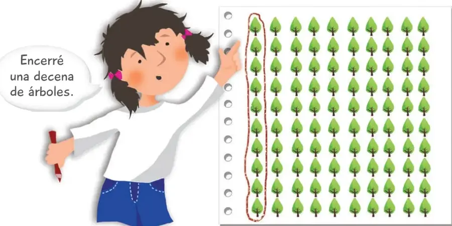 Niña con lápiz rojo señalando una cuadrícula de 10 columnas por 10 filas de árboles verdes; encierra una columna de 10 árboles y dice «Encerré una decena de árboles».