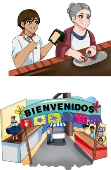 Ilustración de un joven y una señora mayor elaborando flores de papel crepé sobre una mesa.