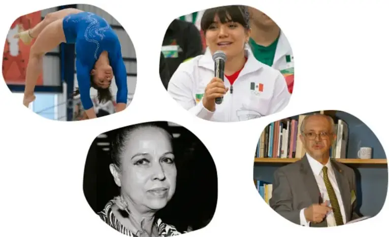 Collage de cuatro fotografías: una gimnasta en un aparato, una mujer joven con micrófono y playera deportiva, un retrato en blanco y negro de una mujer y un retrato de un hombre con lentes y saco.