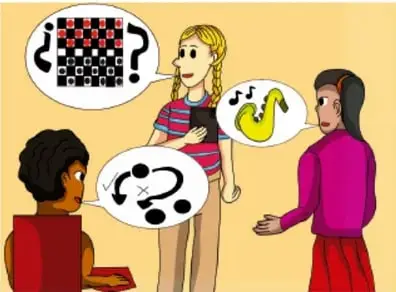 Dibujo de tres personas conversando con globos de diálogo con signos de interrogación y notas musicales, una sostiene una libreta: representa la entrevista. Crédito: Oscar Felipe Arellano Valls, Guerrero.