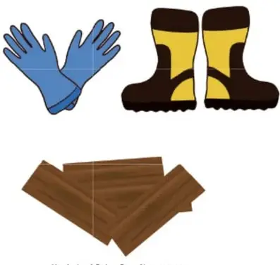 Ilustración de guantes de caucho azules, botas de jebe amarillas y negras, y tablas de madera; materiales aislantes. Crédito: María José Salas González, Jalisco.