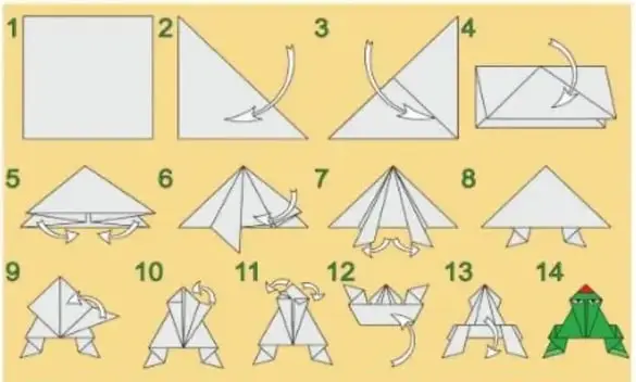 Catorce pasos para hacer una rana de papel mediante origami.