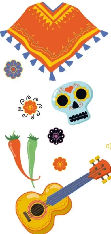 Ilustraciones coloridas de elementos culturales mexicanos: un huipil o poncho naranja con flecos azules, flores bordadas, una calavera decorada estilo Día de Muertos, chiles, una guitarra y flores de papel.