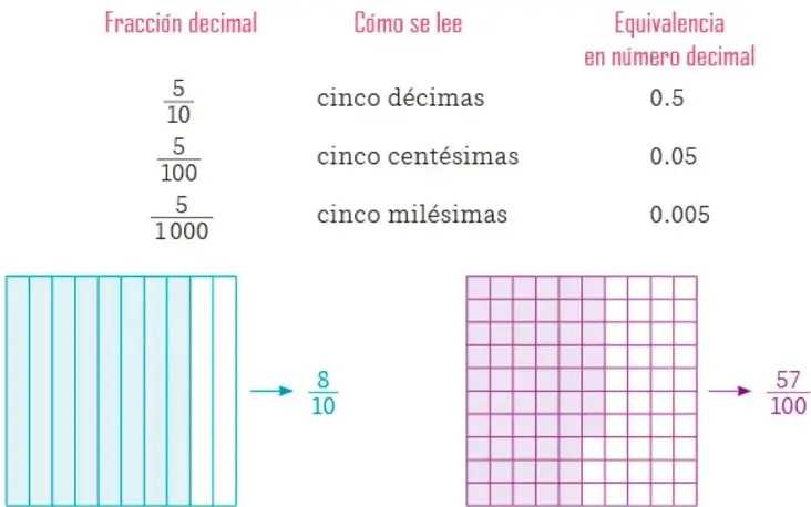 Dos figuras: rectángulo dividido en 10 franjas verticales con 8 sombreadas que apunta a 8/10; cuadrícula de 100 cuadrados con 57 sombreados que apunta a 57/100.