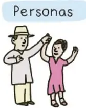 Ilustración de dos personas saludando bajo el rótulo “Personas”, con dos líneas en blanco para completar.